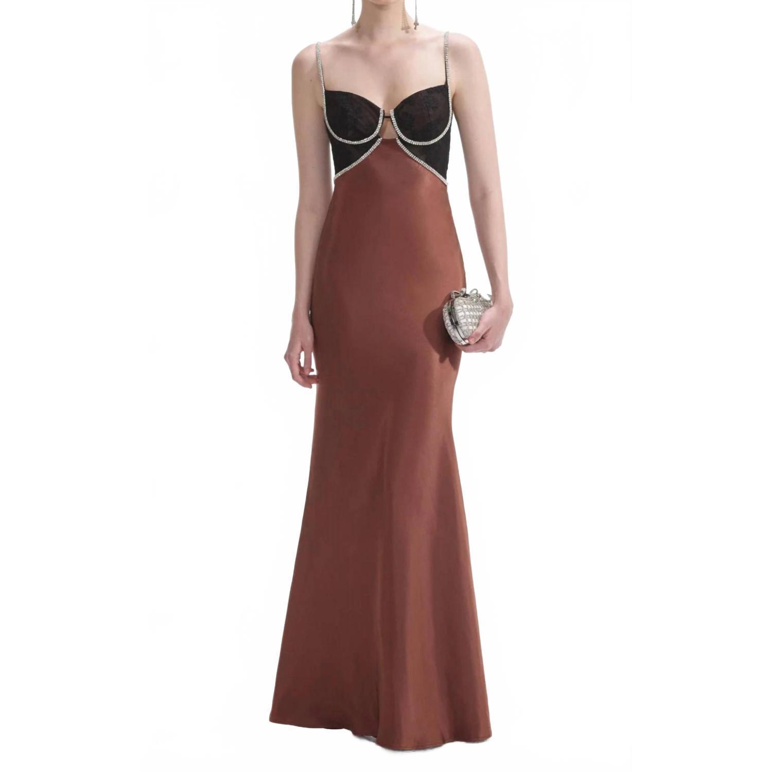 New Self-Portrait Women's Satin Diamante Gown In Brown